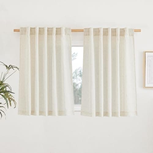 NICETOWN Natural Linen Blend Cafe Curtains 24 inch Length, Rod Pocket & Back Tab Semi Sheer Privacy Window Treatments Light Filtering for Kitchen, W42 x L24, 2 Panels - Image 1