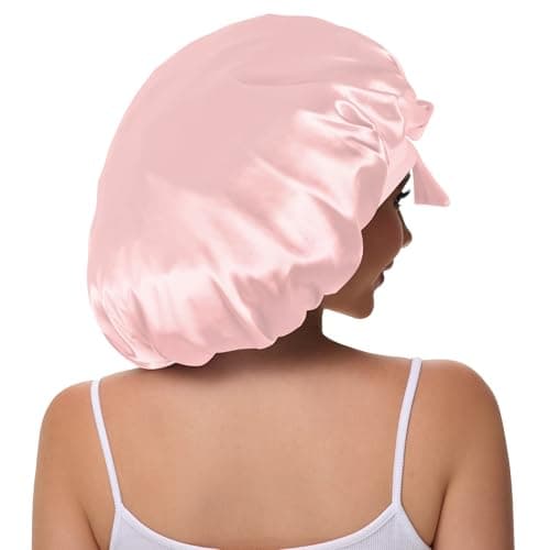Vettres Silk Bonnet for Sleeping Straight Hair Double Layer Satin Bonnets with Tie Satin Hair Bonnet for Sleeping Pink Rose - Thumbnail 3
