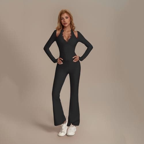 KAIFUYING One Piece Wide Leg Jumpsuits For Women Workout Long Sleeve Jumpsuit Flare Yoga Romper V-Neck Sexy Lace Black-M - Thumbnail 3