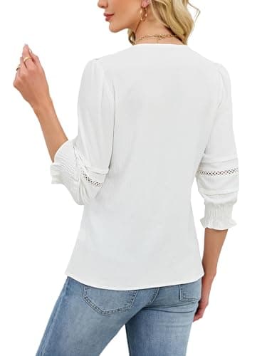 Funlingo Blouses for Women Dressy Casual 3/4 Length Sleeve Womens Tops Ruffle V Neck Lace Crochet Shirts Spring Trendy Clothes White L - Thumbnail 5
