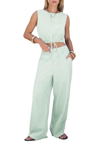 EXLURA Womens 100% Cotton 2 Piece Outfits Stripe Drawstring Crop Tank Tops Wide Leg Pant Sets Faux Linen Summer Cruise Beach - Image 1