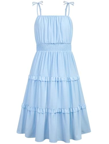 HOZIY Girls Summer Dresses Tween Junior Beach Spring Sundress Size 9-10 School Casual Sleeveless Ruffled Tiered Vestidos para Niñas Semi Formal Bridesmaid Wedding Guest Party Smocked Dress Blue - Image 1