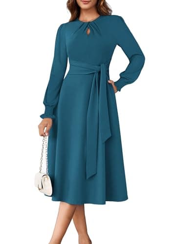 ECOWISH Womens Dresses 2025 Fall Long Sleeve Tie Waist Wedding Guest Party Cocktail Flowy A Line Midi Dress with Pockets Teal Medium - Image 1