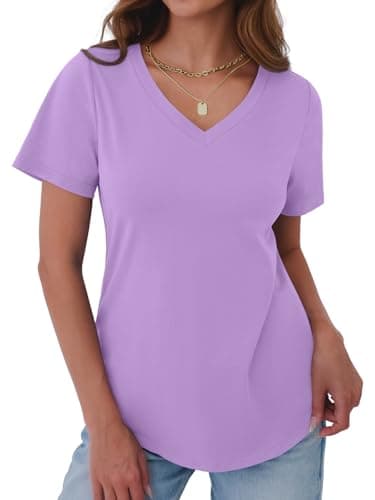 GKBK Women Cotton Shirts V Neck Loose Fit T Shirts Short Sleeve Summer Curved Hem Plain Tee Top Purple M - Thumbnail 4
