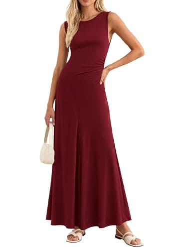 MASCOMODA Summer Casual Sleeveless Maxi Dresses for Women 2026 Spring Ruched A Line Flowy Tank Beach Vacation Long Sundress(Burgundy,XX-Large) - Image 1