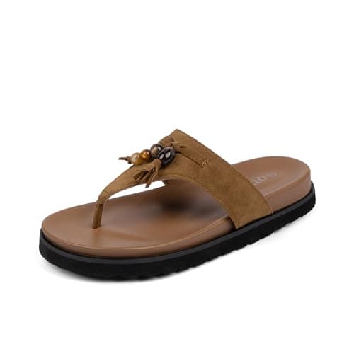 QIY Suede Brown Sandals Flip Flops Thong Slide Tassel Platform Sandals for Women 2026 Fringe Slip on Shoes With Bohemian Bead Open Toe Lightweight Walking Flats Shoes Sandalias Para Mujer Size 8.5 - Image 1