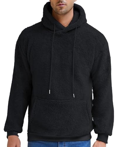 Aimeilgot Mens Fuzzy Sherpa Hoodie Pullover Sweatshirts Long Sleeve Lightweight Fleece Loose Cozy with Pocket Winter Hooded Outwear Black, Large
