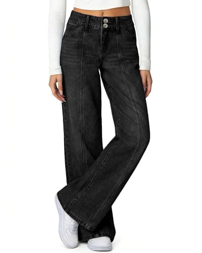 Flvsun Women's Wide Leg Jeans High Waisted Stretchy Straight Leg Jeans Trendy Seamed Front Loose Fit Denim Pants Black S - Thumbnail 4
