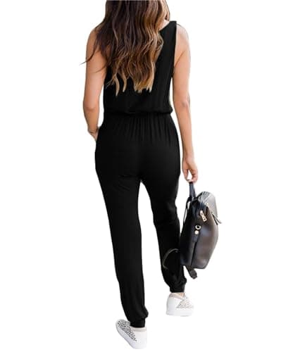 KIRUNDO Women 2026 Summer Jumpsuits Casual Sleeveless Drawstring Elastic Waist Romper Vacation Cruise Airport Travel Outfits(Black, Large) - Thumbnail 2