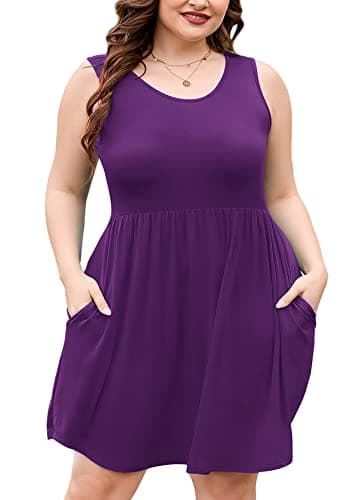 AusLook Plus Size Summer Tank Dress for Women Purple 4X Casual Sleeveless Crewneck Flowy Pleated Sun Maternity Tunic Dresses Babydoll Tshirt Swing Vacation Sundresses with Pockets - Image 1