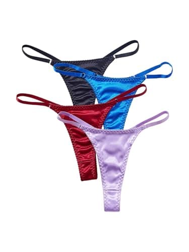 SHENHE Women's 4 Pack Satin G String Thongs Low Rise Silky Sexy Thongs Panties Underwear Black Blue Red Purple Large - Image 1