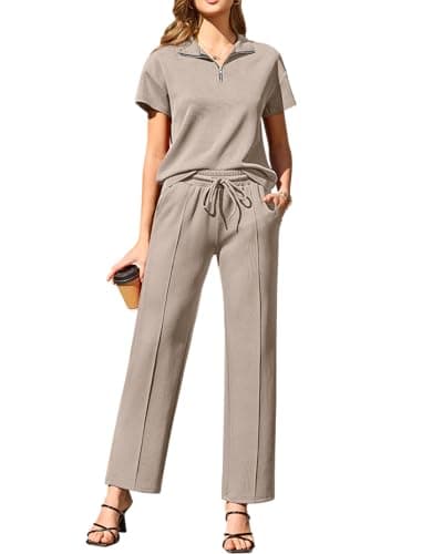 difficort 2 Piece Lounge Sets for Women Summer 2026 Short Sleeve Matching Airport Travel Outfits Casual Spring Clothes, Coffeet, XX-Large - Image 1