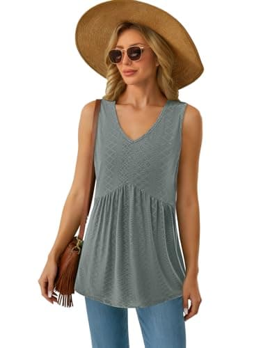 GKBK Womens Tank Tops 2026 Flowy Peplum Babydoll Tops for Women Dressy V Neck Sleeveless Tank Tops Spring Summer Fashion Outfits Trendy Gray Green - Thumbnail 6