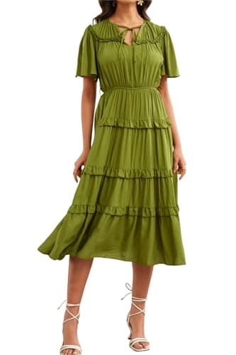 Ystguic Casual Boho Summer Trendy Dresses with Pockets Elastic Waist for Women 2025 Pleated Flowy Aline Rayon Viscose Dress for Seniors for Wedding Guest X-Large YG025 Army Green XL - Image 1