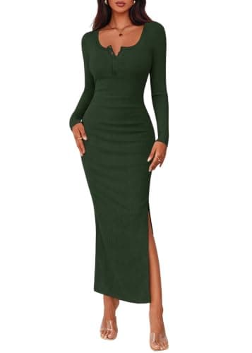 Lazysmile Women's 2026 Fall Long Sleeve Bodycon Maxi Dress Crew Neck Button Down Side Slit Knit Casual Dresses Army Green - Image 1