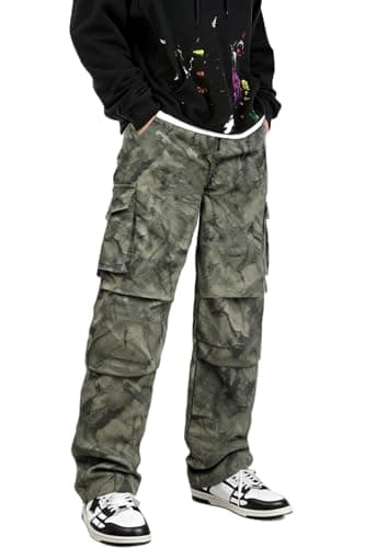 GINGTTO Camo Pants Men Baggy Cargo Green Camo Pant Wide Leg Fashion Streetwear Drawstring Stretch 32