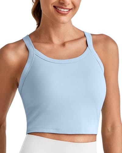 G4Free Racerback Sports Bras for Women Workout Gym Yoga Halter Crop Tops Built in Removable Padded Longline Tank (Light Denim,M) - Image 1