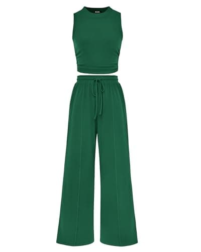 BTFBM Summer Outfits For Women 2026 Ribbed Sleeveless Tank Tops Wide Leg Pants 2 Piece Sets Lounge Set Clothing(Green, Small) - Image 1
