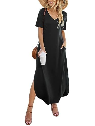 Camdoria Black Flowy Dress Womens Summer Dresses 2025 Maxi Casual Dress V Neck Short Sleeve Long Beach Cover Up T Shirt Dresses with Pocket S - Image 1