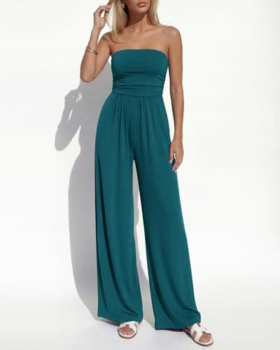 BTFBM Jumpsuits For Women Summer 2026 Beach Vacation Strapless Tube Top Jumpsuit Ruched Casual Wide Leg Pant Rompers(Blue Green, X-Large) - Thumbnail 6