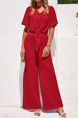 PRETTYGARDEN Women 2 Piece Summer Outfits Short Sleeve Strappy Top Wide Leg Pants Tracksuit Lounge Sets Beach Clothes(Red,Small) - Thumbnail 3