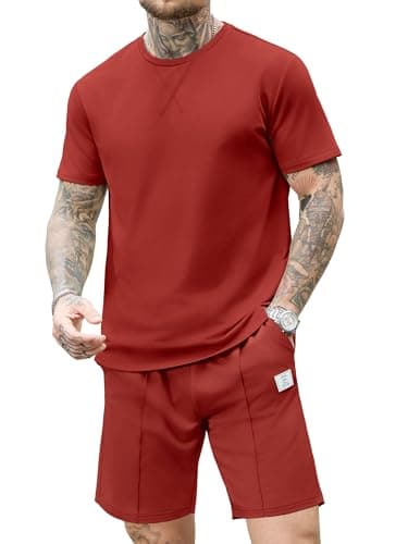 JEMLDL Lounge Sets for Men 2 Piece Summer Casual Outfits Short Sleeve Shirt & Shorts Matching Set Sweat Suit Vacation Clothing Red XL - Thumbnail 5