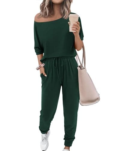 Zenlonr Women Summer 2 Piece Outfits 2026 Off Shoulder Short Sleeve Tops Elastic Waist Drawstring Long Pants Tracksuit(Dark Green,XX-Large) - Image 1