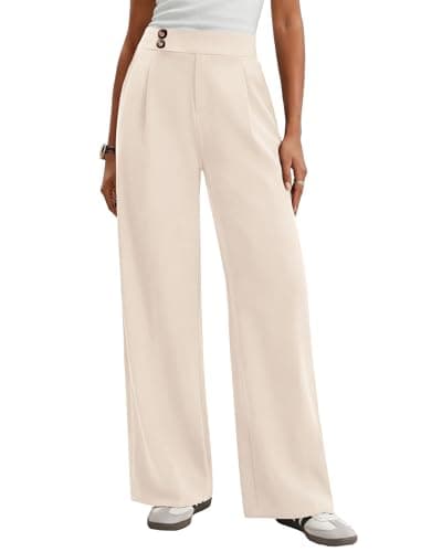 LOOKBOHO Womens Wide Leg Trousers High Elastic Waist Loose Pleated Long Work Pants with Pockets Beige - Image 1