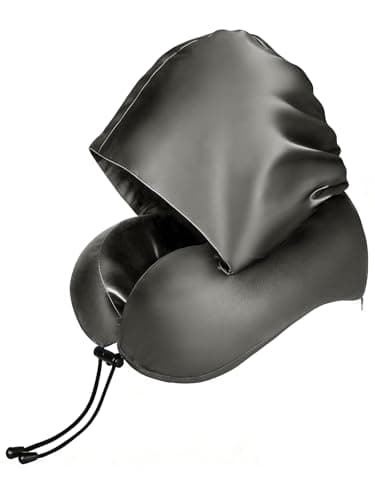 BAIKEA Satin Neck Pillow with Hood Pixie Pillows for Short Hair Sleep Travel Airplane Memory Foam Long Flight Plane Essentials Grey - Image 1