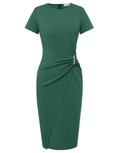 GRACE KARIN Work Dresses for Women 2026 Short Sleeve Sheath Business Dress Ruched Bodycon Office Cocktail Dress Dark Green XL