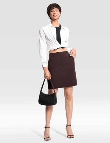 THE GYM PEOPLE Women's Golf Skorts Modest Knee Length Athletic Tennis Skirts Built-in Shorts with 4 Pockets Brown - Thumbnail 2