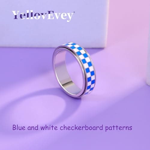 YellovEvey Fidget Spinner Checkered Anxiety Ring - Stainless Steel Silver Rings for Women, Adult Fidget Toys & Stocking Stuffers, Chessboard Anti-Anxiety Jewelry for Women Silver Size 8 Ring - Thumbnail 6