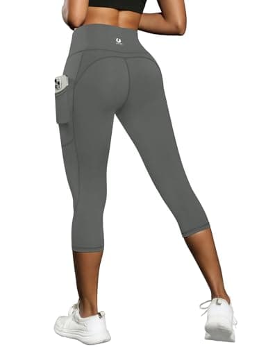 Fihapyli ICTIVE Women's Capris Yoga Pants with Pockets Running Pilates Fitness Running High Waisted Leggings Grey L - Image 1