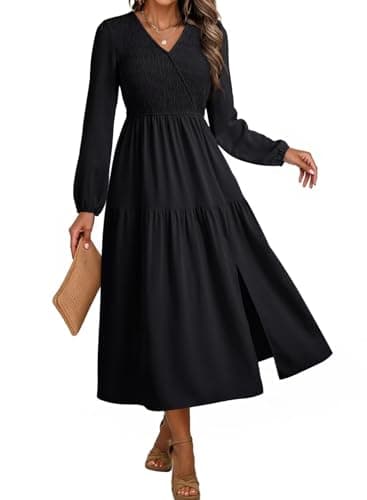 Dokotoo Maxi Dresses for Women 2026 Long Sleeve V Neck Smocked Empire Waist Ruffle Tiered Swing Split Formal Dresses Fall Clothes Black Medium - Image 1