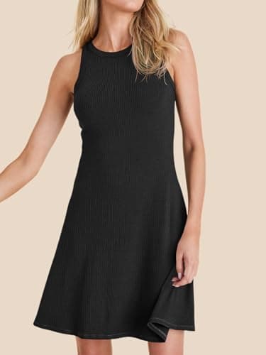 Wenrine Womens Summer Casual Tank Dress Ribbed Knit Sleeveless Crewneck A Line Mini Dresses Black - Thumbnail 2