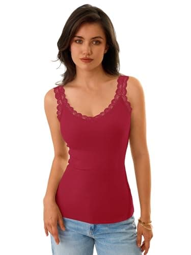 GKBK Tank Tops for Women Ribbed Slim Fit Camisole Sleeveless Lace Tank Tops Summer Casual Basic Tops Cute V Neck Soft Lace Trim Cami Undershirt Spring Clothes 2026 Fashion Outfits Red - Thumbnail 2