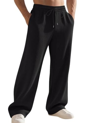TAFLE Mens Striped Sweatpants Baggy Wide Leg Casual Pants Loose fit with Elastic Waist and Pockets Black - Image 1