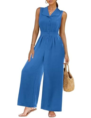 LOOKBOHO Women Casual Summer Sleeveless Jumpsuits V Neck Dressy Wide Leg Pants Romper Vacation One Piece Outfit(BL,L) - Image 1