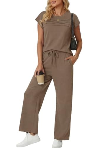 GRECERELLE Matching Sets for Women 2 Piece Summer Travel Outfit Cap Sleeve Top and Wide Leg Pants Set with Pockets Casual Lounge Vacation Airport Outfit - Image 1