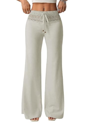 EVALESS Womens Wide Leg Pants Lace Gaucho Flare Pants Elastic High Waisted Palazzo Pants Cute Bell Bottoms Boho Holiday Trousers 2026 Fashion Spring Summer Concert Y2K Pants Light Green Medium - Image 1