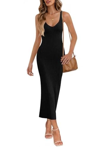 MEROKEETY Womens Summer Bodycon Knit Midi Dress 2026 Spring Beach Vacation V Neck Casual Sleeveless Ribbed Sweater Dresses,Black,L - Image 1