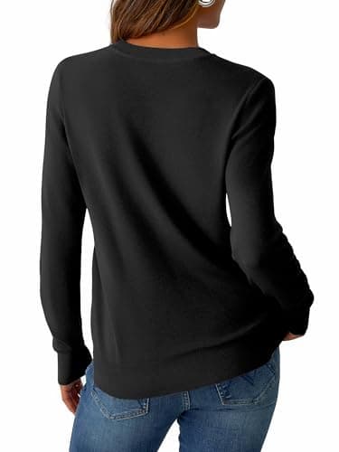 GKBK V Neck Lightweight Sweaters for Women Wool Blend Ribbed Knitted Classic Loose Fit Pullover Long Sleeve Tops Business Casual Fall Outfits 2025 Trendy Black - Thumbnail 3