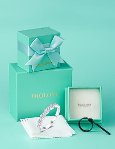 IMOLOVE Moissanite Wedding Bands for Women, Trendy 0.3 Carat Half Silver Women's Eternity Wedding Bands Fashion Moissanite Stackable Rings for Women with 18K White Gold Plated Size 9 - Thumbnail 6