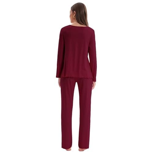 Navisting Women's Cool Pajamas Set Lightweight Sleepwear V-Neck Top and Pants Long Sleeve Two Piece Loungewear Elegant Wavy Hem Burgundy M - Thumbnail 3