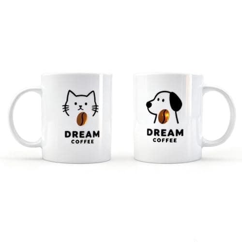 HJOCMLE Pet Lover Mug Set Cute Cat & Dog “Dream Coffee” Ceramic Mugs, Gift Boxed Coffee & Tea Cup Set for Pet Owners, Cute Animal Mugs, Birthday or Holiday Gift - Image 1