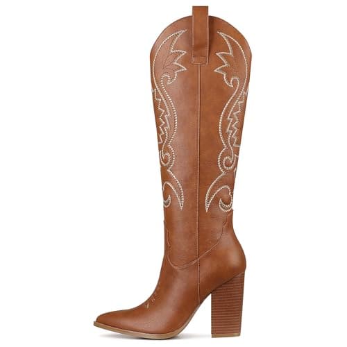 VOMIRA Knee High Cowboy Boots for Women Pointed Toe Chunky High Heels Pull-on Embroidered Boots Western Boots Wide Calf Cowgirl Boots - Image 1