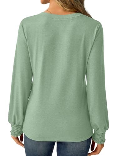 GKBK Womens Long Sleeve Shirts Fall Tops V Neck Business Dressy Casual Blouses with Smocked Cuffs Green - Thumbnail 4