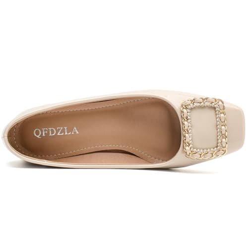 QFDZLA Women's Low Chunky Block Heel Pumps Comfortable Leather Square Toe Dress Shoes Slip On Block Heel for Office Lady Shoes Nude Size 10 - Thumbnail 4