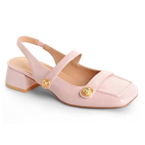 Pink Slingback Mary Jane Heels for Women Low Block Heel Closed Square Toe Pump Shoes Heels Classic Daily Office Dressy Shoes Pink Size 9.5 - Thumbnail 4