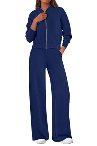 PRETTYGARDEN Women's 2 Piece Outfits Spring Sweatsuits Zip Up Sweatshirt Wide Leg Sweatpants Casual Tracksuit Lounge Sets(Navy Blue,XX-Large)